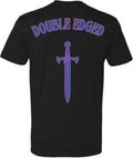Black t-shirt with 'Double Edged' text and sword graphic on a dark background