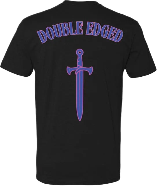 Black t-shirt with 'Double Edged' text and sword graphic on a dark background